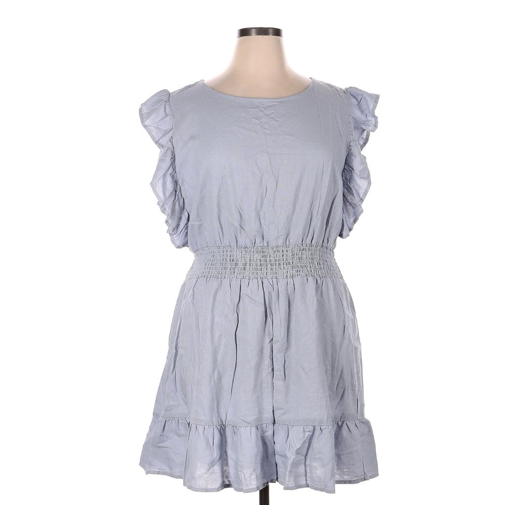 NWT Nicole Miller Dress linen blend light muted blue romantic ruffle short L new